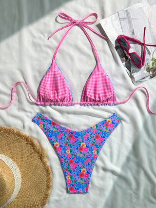 Swim Mod قطعتان طقم بيكيني كامل بطبعات زهور عشوائية، ملابس علوية قطعة هالتر مثلث وسراويل عالية القص، ملابس شاطئية جذابة للإجازات الصيفية