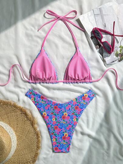Swim Mod قطعتان طقم بيكيني كامل بطبعات زهور عشوائية، ملابس علوية قطعة هالتر مثلث وسراويل عالية القص، ملابس شاطئية جذابة للإجازات الصيفية