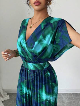 Selianne قطعة موحدة نسائية ذات طباعة زهور وياقة على شكل X وأكمام خفافيش ومطوية وواسعة الساق، للإرتداء في العطلات