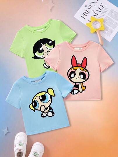 تيشيرتات بناتي THE POWERPUFF GIRLS X  مجموعة 3 قطع من القمصان قصيرة الأكمام الكارتونية الملونة (وردي، أخضر، أزرق) الجميلة للأطفال في الصيف