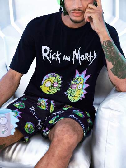 Rick and Morty X SHEIN طقم بنطلون وتيشرت مطبوع بحروف وكرتون أكمام قصيرة للرجال مناسب لارتداء المنزل