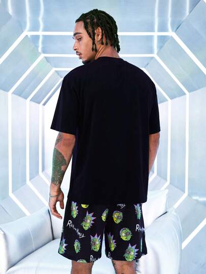 Rick and Morty X SHEIN طقم بنطلون وتيشرت مطبوع بحروف وكرتون أكمام قصيرة للرجال مناسب لارتداء المنزل