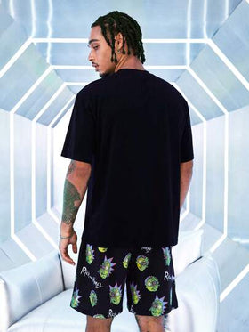 Rick and Morty X SHEIN طقم بنطلون وتيشرت مطبوع بحروف وكرتون أكمام قصيرة للرجال مناسب لارتداء المنزل
