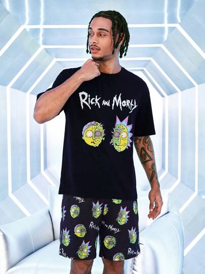 Rick and Morty X SHEIN طقم بنطلون وتيشرت مطبوع بحروف وكرتون أكمام قصيرة للرجال مناسب لارتداء المنزل