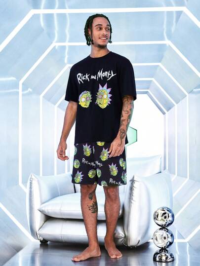 Rick and Morty X SHEIN طقم بنطلون وتيشرت مطبوع بحروف وكرتون أكمام قصيرة للرجال مناسب لارتداء المنزل