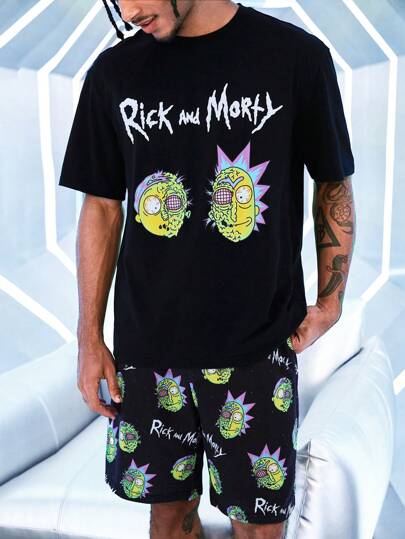 Rick and Morty X SHEIN طقم بنطلون وتيشرت مطبوع بحروف وكرتون أكمام قصيرة للرجال مناسب لارتداء المنزل