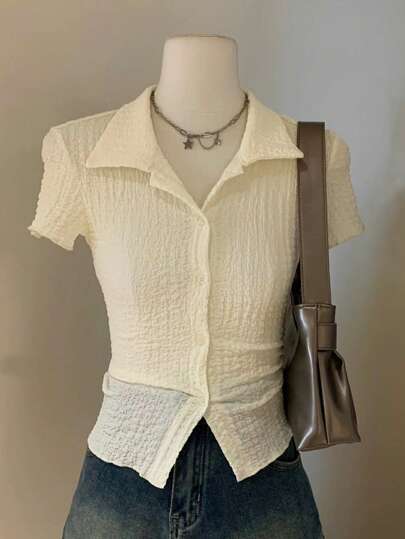 ملابس علوية نسائية ذات طوق بولو منتاسب ذات لون أحادي جديد للموضة المخرمة وملائمة الجسم