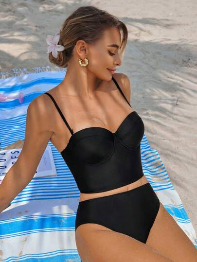 طقم تانكيني حريمي Swim Basics مجموعة بذلة سباحة تانكيني 2 قطعة ، سوليد كولور، تحكم في البطن، ستيرا سفلي وأعلى دائري