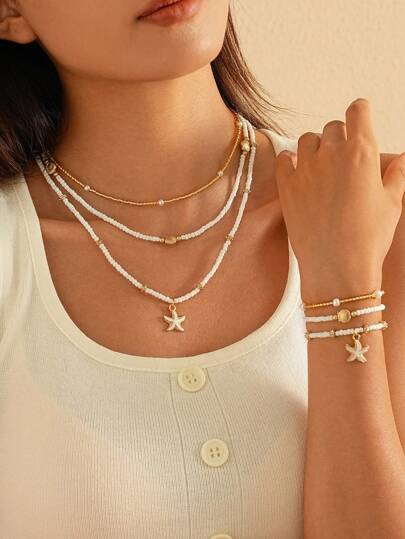6/3 قطع مجموعة قلادة متعددة الطبقات وسوار من الحبال المطاطية، مزينة بالخرز وأشكال النجمة البحرية والصدف واللؤلؤ - قابلة للتعديل - مثالية لحفلات العطلات الشاطئية - مجوهرات وإكسسوارات صيفية للمرأة