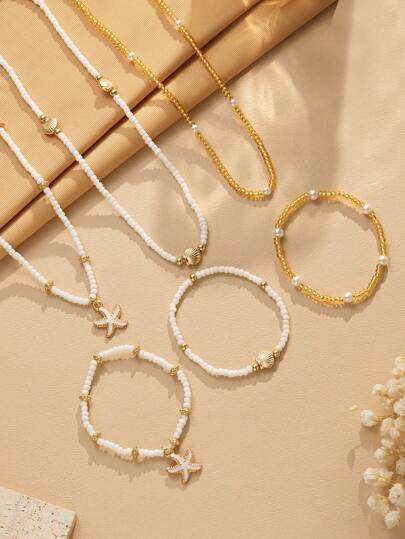 6/3 قطع مجموعة قلادة متعددة الطبقات وسوار من الحبال المطاطية، مزينة بالخرز وأشكال النجمة البحرية والصدف واللؤلؤ - قابلة للتعديل - مثالية لحفلات العطلات الشاطئية - مجوهرات وإكسسوارات صيفية للمرأة