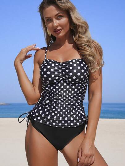 طقم تانكيني حريمي Swim Lushoire مجموعة من الحمالة والأعلى للبيكيني بلمسات من اللون الصلب والنقط للمرأة الناضجة، 2 قطعة