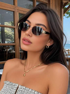 نظارات معدنية بتصميم كلاسيكي بشكل بيضاوي، مناسبة للخارج والسفر والشاطئ والملابس الكاجوال، توفر حماية من أشعة الشمص الصيفية، بطراز مدرسي