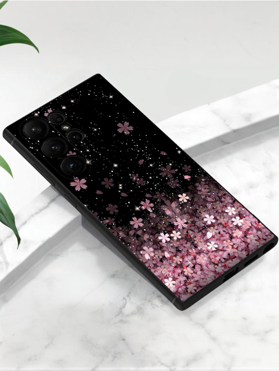 1 قطعة كفر هاتف أسود مضاد للانسكاب والانزلاق مع طبعة زهور نجمية متوافق مع Galaxy A04e/A05s/A13/A14/A15/A34/A35/A50/A52/A53/A54/S21/S22/S23/S24/S25/S25Ultra