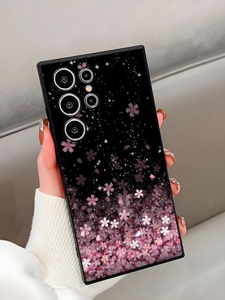 1 قطعة كفر هاتف أسود مضاد للانسكاب والانزلاق مع طبعة زهور نجمية متوافق مع Galaxy A04e/A05s/A13/A14/A15/A34/A35/A50/A52/A53/A54/S21/S22/S23/S24/S25/S25Ultra