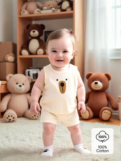 Vintaside Kids مجموعة فستان وشورت للأطفال الرضع والصغار ، قطعتان ، طراز عفوي جميل من قطن ناعم بلون وردي فاتح، بطبعة دب على الفستان ، مناسب للاستخدام اليومي، العطلات، الخروجات ، الصيف