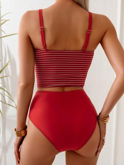 طقم تانكيني حريمي Swim Vcay مجموعة من قطعتين للنساء، ملابس علوية خزان بحمالات خيطان وقاعدة مثلثة بلون واحد، بدلة سباحة