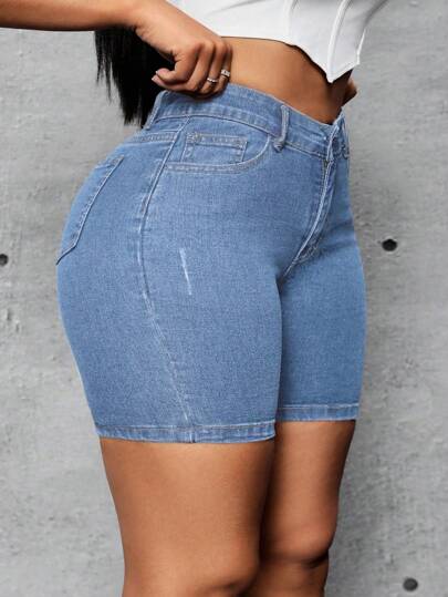 SHEIN SXY شورتات جينز مطاطية للمقاسات الكبيرة ، بموديلات كاجوال وضيقة للربيع والصيف