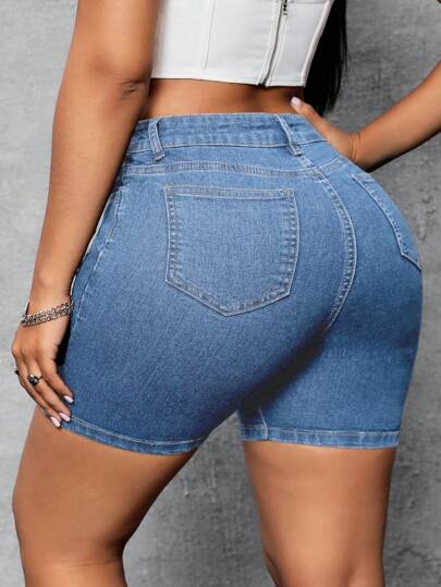 SHEIN SXY شورتات جينز مطاطية للمقاسات الكبيرة ، بموديلات كاجوال وضيقة للربيع والصيف