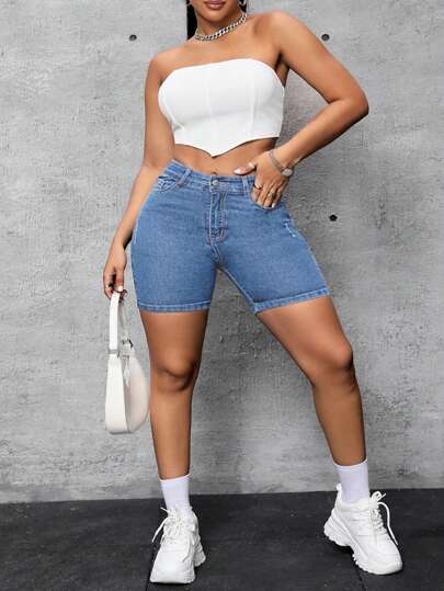 SHEIN SXY شورتات جينز مطاطية للمقاسات الكبيرة ، بموديلات كاجوال وضيقة للربيع والصيف
