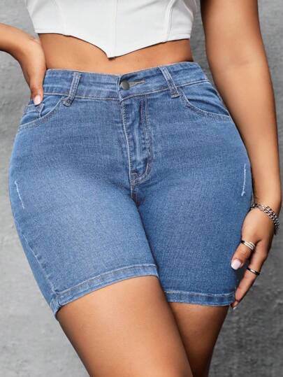 SHEIN SXY شورتات جينز مطاطية للمقاسات الكبيرة ، بموديلات كاجوال وضيقة للربيع والصيف