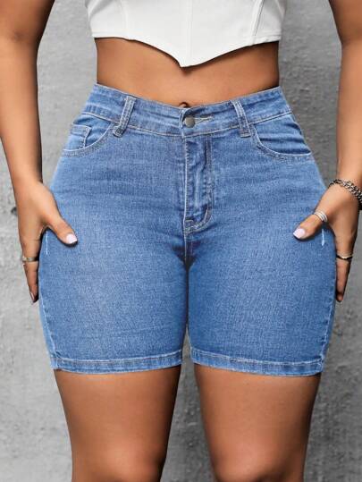 SHEIN SXY شورتات جينز مطاطية للمقاسات الكبيرة ، بموديلات كاجوال وضيقة للربيع والصيف