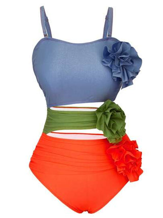 Swim Oasis بدلة سباحة حجم كبير للنساء قطعة واحدة بأشرطة رفيعة مطبوعة بزهور الورد والرقعات مع تنورة كاجوال ، بدلة سباحة قطعتين