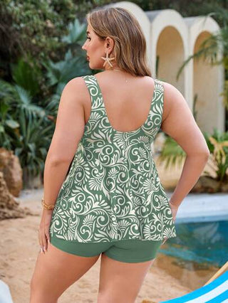 Swim Lushoire مجموعة بدلة السباحة التنكيني المطبوعة عشوائيًا و المكونة من 2 قطعة للنساء ذوات الأحجام الكبيرة، مع رباط للصدر والخصر لأناقة ممشوقة الجسد، طراز مبسّط للعطلات والشاطئ