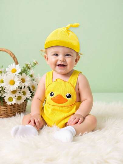 Persoplay Kids بادي مطرز بتطريز بطة صفراء صغيرة للأطفال الرضع والأولاد والبنات، تصميم جميل وقطني مريح للربيع/الصيف
