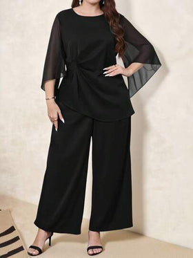 SHEIN Clasi بدلة كاجوال من قطعتين مكونة من توب شبكي مفتوح بأكمام 3/4 و سروال واسع الساق، مناسبة للارتداء اليومي، ملابس صيفية للسيدات، ملابس عطلة، فستان لضيوف الزفاف، ملابس صيفية، كاجوال للعمل، ملابس مكتبية للسيدات، ملابس عمل للسيدات، فستان لضيوف الزفاف، م