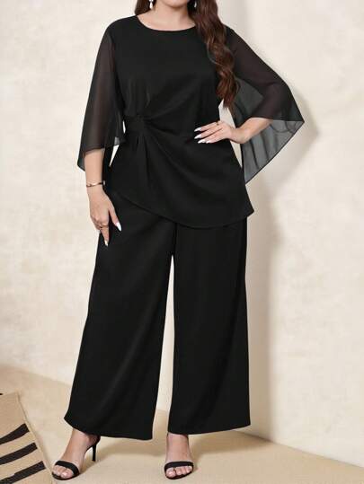 SHEIN Clasi بدلة كاجوال من قطعتين مكونة من توب شبكي مفتوح بأكمام 3/4 و سروال واسع الساق، مناسبة للارتداء اليومي، ملابس صيفية للسيدات، ملابس عطلة، فستان لضيوف الزفاف، ملابس صيفية، كاجوال للعمل، ملابس مكتبية للسيدات، ملابس عمل للسيدات، فستان لضيوف الزفاف، م