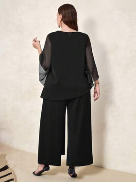 SHEIN Clasi بدلة كاجوال من قطعتين مكونة من توب شبكي مفتوح بأكمام 3/4 و سروال واسع الساق، مناسبة للارتداء اليومي، ملابس صيفية للسيدات، ملابس عطلة، فستان لضيوف الزفاف، ملابس صيفية، كاجوال للعمل، ملابس مكتبية للسيدات، ملابس عمل للسيدات، فستان لضيوف الزفاف، م