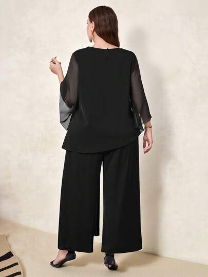 SHEIN Clasi بدلة كاجوال من قطعتين مكونة من توب شبكي مفتوح بأكمام 3/4 و سروال واسع الساق، مناسبة للارتداء اليومي، ملابس صيفية للسيدات، ملابس عطلة، فستان لضيوف الزفاف، ملابس صيفية، كاجوال للعمل، ملابس مكتبية للسيدات، ملابس عمل للسيدات، فستان لضيوف الزفاف، م