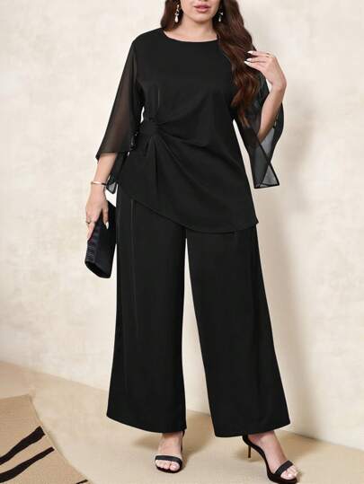 SHEIN Clasi بدلة كاجوال من قطعتين مكونة من توب شبكي مفتوح بأكمام 3/4 و سروال واسع الساق، مناسبة للارتداء اليومي، ملابس صيفية للسيدات، ملابس عطلة، فستان لضيوف الزفاف، ملابس صيفية، كاجوال للعمل، ملابس مكتبية للسيدات، ملابس عمل للسيدات، فستان لضيوف الزفاف، م