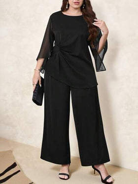 SHEIN Clasi بدلة كاجوال من قطعتين مكونة من توب شبكي مفتوح بأكمام 3/4 و سروال واسع الساق، مناسبة للارتداء اليومي، ملابس صيفية للسيدات، ملابس عطلة، فستان لضيوف الزفاف، ملابس صيفية، كاجوال للعمل، ملابس مكتبية للسيدات، ملابس عمل للسيدات، فستان لضيوف الزفاف، م