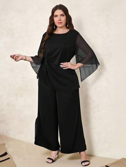 SHEIN Clasi بدلة كاجوال من قطعتين مكونة من توب شبكي مفتوح بأكمام 3/4 و سروال واسع الساق، مناسبة للارتداء اليومي، ملابس صيفية للسيدات، ملابس عطلة، فستان لضيوف الزفاف، ملابس صيفية، كاجوال للعمل، ملابس مكتبية للسيدات، ملابس عمل للسيدات، فستان لضيوف الزفاف، م