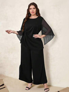 SHEIN Clasi بدلة كاجوال من قطعتين مكونة من توب شبكي مفتوح بأكمام 3/4 و سروال واسع الساق، مناسبة للارتداء اليومي، ملابس صيفية للسيدات، ملابس عطلة، فستان لضيوف الزفاف، ملابس صيفية، كاجوال للعمل، ملابس مكتبية للسيدات، ملابس عمل للسيدات، فستان لضيوف الزفاف، م