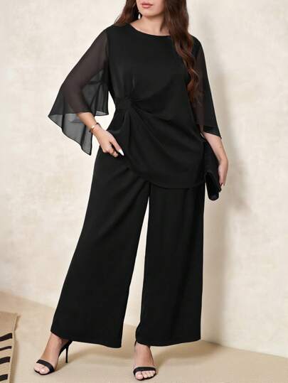 SHEIN Clasi بدلة كاجوال من قطعتين مكونة من توب شبكي مفتوح بأكمام 3/4 و سروال واسع الساق، مناسبة للارتداء اليومي، ملابس صيفية للسيدات، ملابس عطلة، فستان لضيوف الزفاف، ملابس صيفية، كاجوال للعمل، ملابس مكتبية للسيدات، ملابس عمل للسيدات، فستان لضيوف الزفاف، م