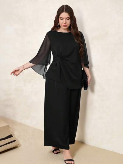 SHEIN Clasi بدلة كاجوال من قطعتين مكونة من توب شبكي مفتوح بأكمام 3/4 و سروال واسع الساق، مناسبة للارتداء اليومي، ملابس صيفية للسيدات، ملابس عطلة، فستان لضيوف الزفاف، ملابس صيفية، كاجوال للعمل، ملابس مكتبية للسيدات، ملابس عمل للسيدات، فستان لضيوف الزفاف، م