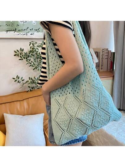 حقيبة يد نسائية كبيرة السعة من الأكريلك المحبوك، لون أحادي بنمط ماسي، حقيبة كتف قابلة للطي وتخزين سهل، لون أزرق/برتقالي، مصنوعة من 100٪ بوليستر، بطراز إجازة ، مناسبة لرحلة الشاطئ، هدية للنساء