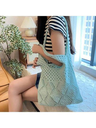 حقيبة يد نسائية كبيرة السعة من الأكريلك المحبوك، لون أحادي بنمط ماسي، حقيبة كتف قابلة للطي وتخزين سهل، لون أزرق/برتقالي، مصنوعة من 100٪ بوليستر، بطراز إجازة ، مناسبة لرحلة الشاطئ، هدية للنساء