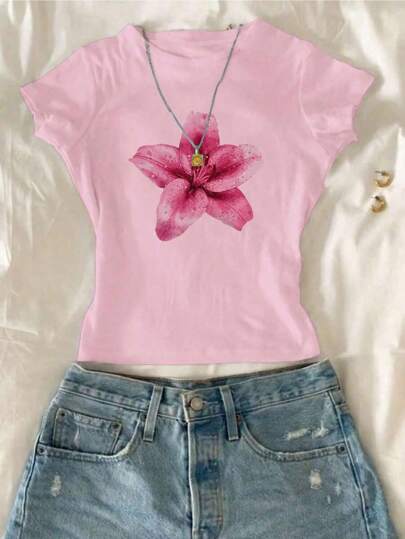 تيشيرتات بناتي قميص T-shirt لفتيات المراهقات بطبعات زهرية وردية عصرية وكاجوال، مناسب للارتداء في الصيف