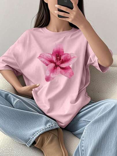 تيشيرتات بناتي قميص T-shirt لفتيات المراهقات بطبعات زهرية وردية عصرية وكاجوال، مناسب للارتداء في الصيف