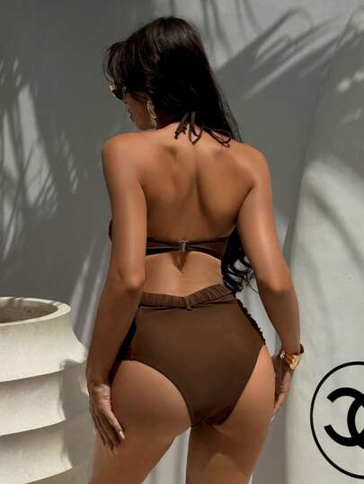 Swim Chiccia مجموعة بيكيني نسائية قطعتين، ملابس علوية بانديو بدون حمالات وسراويل خصر عالي، للصيف والشاطئ والرحلات
