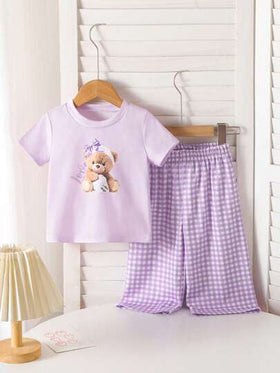 SHEIN مجموعة 2 قطعة من تيشيرت كاجوال بأكمام قصيرة ذو طبعة دب وبنطال طويل لبنات الأطفال الرضع من 0-3 سنوات ، للربيع والصيف