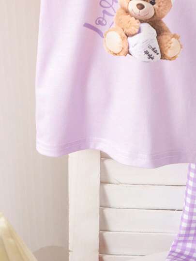 SHEIN مجموعة 2 قطعة من تيشيرت كاجوال بأكمام قصيرة ذو طبعة دب وبنطال طويل لبنات الأطفال الرضع من 0-3 سنوات ، للربيع والصيف