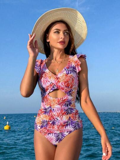 طقم تانكيني حريمي Swim Lushoire طقم ملابس علوية وبنطال سباحة منقوش عشوائي بأكمام مكشكشة وأربطة متقاطعة وفتحات شبكية على القطعتين مناسب للصيف والعطلات البحرية