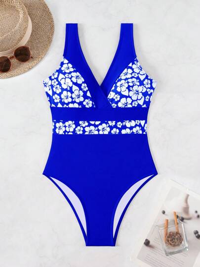 مايوه حريمي قطعة واحدة Swim Lushoire بكيني ملون بطباعة عشوائية خلف رقبة على شكل حرف V، أسود مع ألوان متباينة، ملابس سباحة يونيفرم للنساء لإجازة الصيف والشاطئ