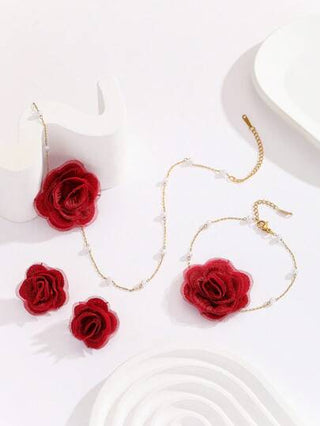 MESTILO مجموعة مجوهرات من 4 قطع من الفولاذ المقاوم للصدأ 18K، تتكون من قلادة، سوار، أقراط على شكل وردة نسيجية للنساء، للاستخدام اليومي أو المناسبات (عدد الخرز اللؤلؤي عشوائي)