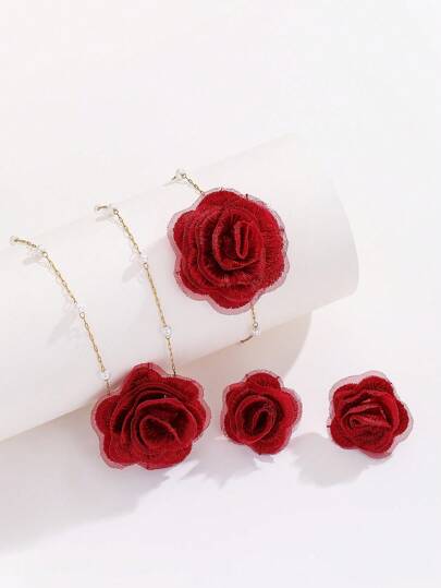 MESTILO مجموعة مجوهرات من 4 قطع من الفولاذ المقاوم للصدأ 18K، تتكون من قلادة، سوار، أقراط على شكل وردة نسيجية للنساء، للاستخدام اليومي أو المناسبات (عدد الخرز اللؤلؤي عشوائي)