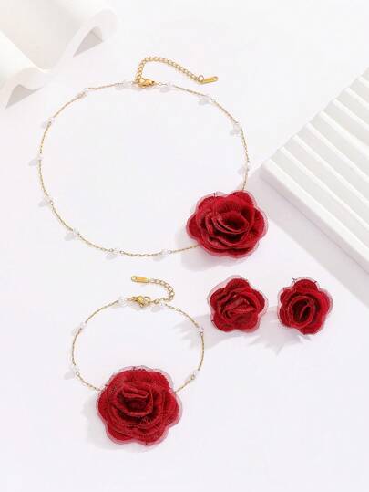 MESTILO مجموعة مجوهرات من 4 قطع من الفولاذ المقاوم للصدأ 18K، تتكون من قلادة، سوار، أقراط على شكل وردة نسيجية للنساء، للاستخدام اليومي أو المناسبات (عدد الخرز اللؤلؤي عشوائي)